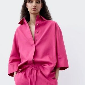 Zara hot pink linen oversized wide sleeve button up blouse